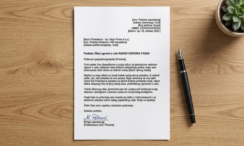 otkaz ugovora o radu - zahtev