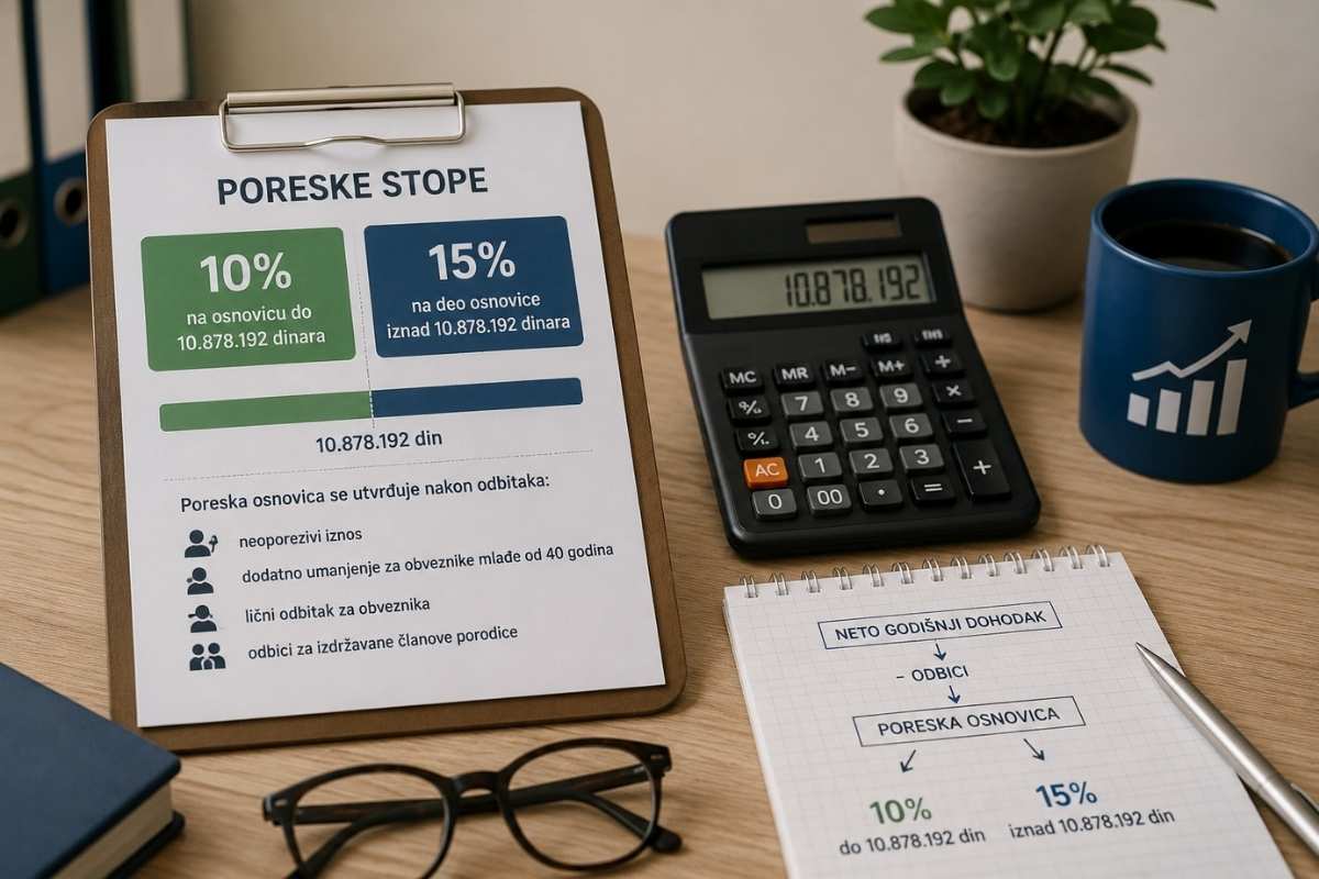 Prikaz poreskih stopa od 10% i 15% za obračun godišnjeg poreza na dohodak građana.