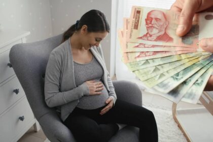 prikaz trudnice koja sedi na fotelji i novca pored